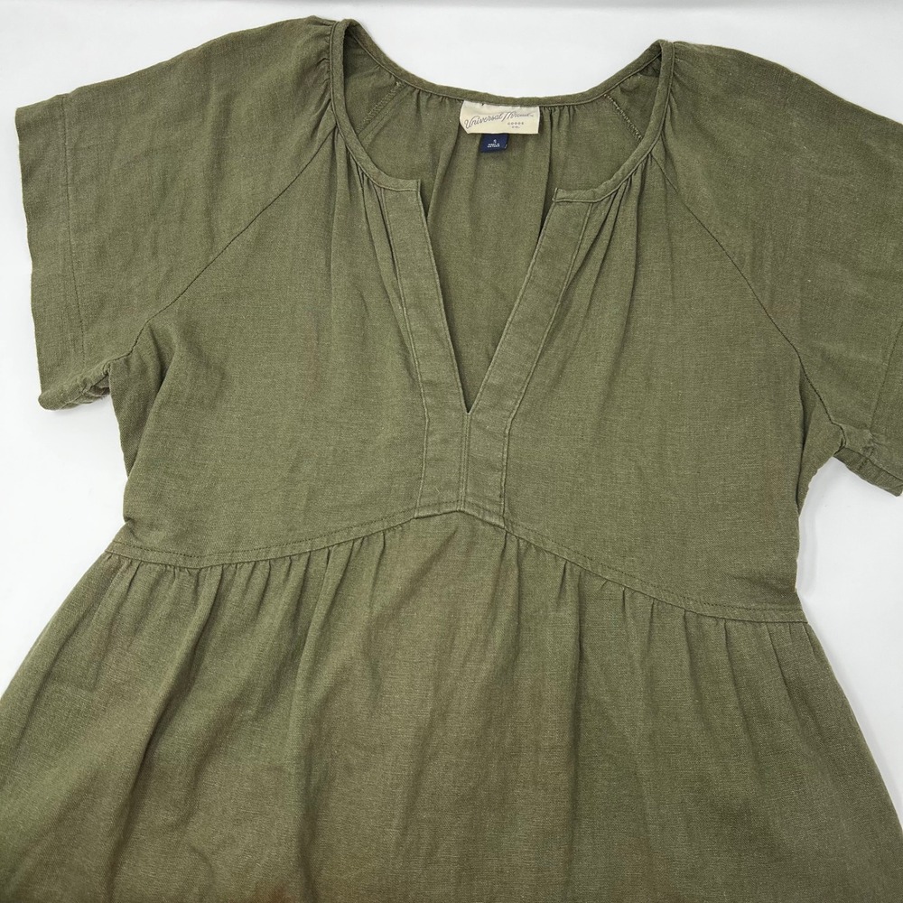 Universal Thread Olive Green Linen Blend V-Neck Mini Babydoll Dress Size Small